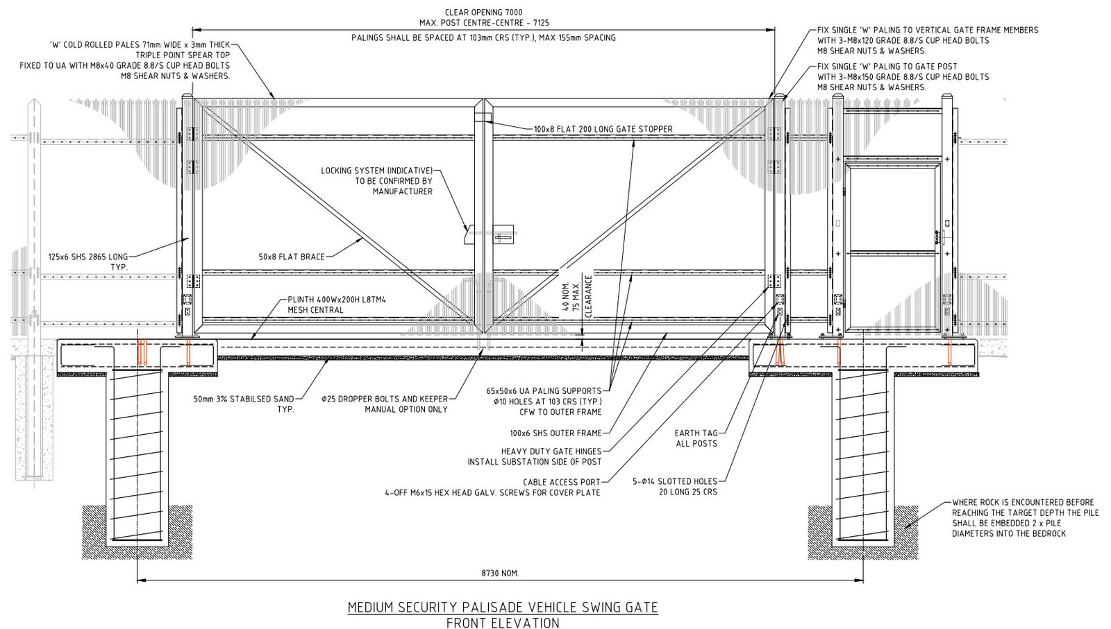 Medium security w pale palisade swing gate for vehicles entrance