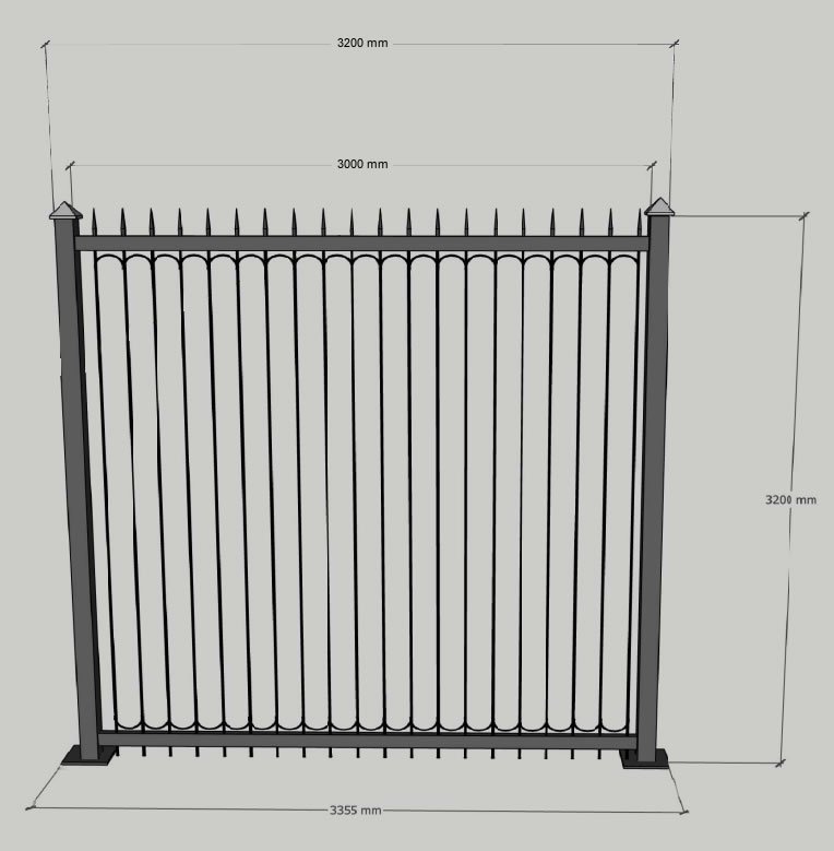 Palisade fence gate with post and rail frame